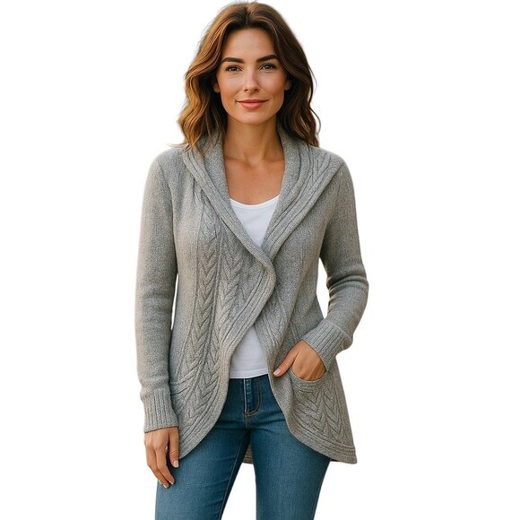 White House Black Market Wool Blend Cable Knit Trim Cardigan Gray Size M Coastal - Picture 1 of 16